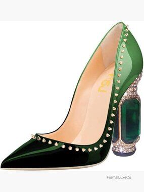 Bridal Pointed Toe Chunky Block High Heel Crystal Pumps Slip on Wedding Dress